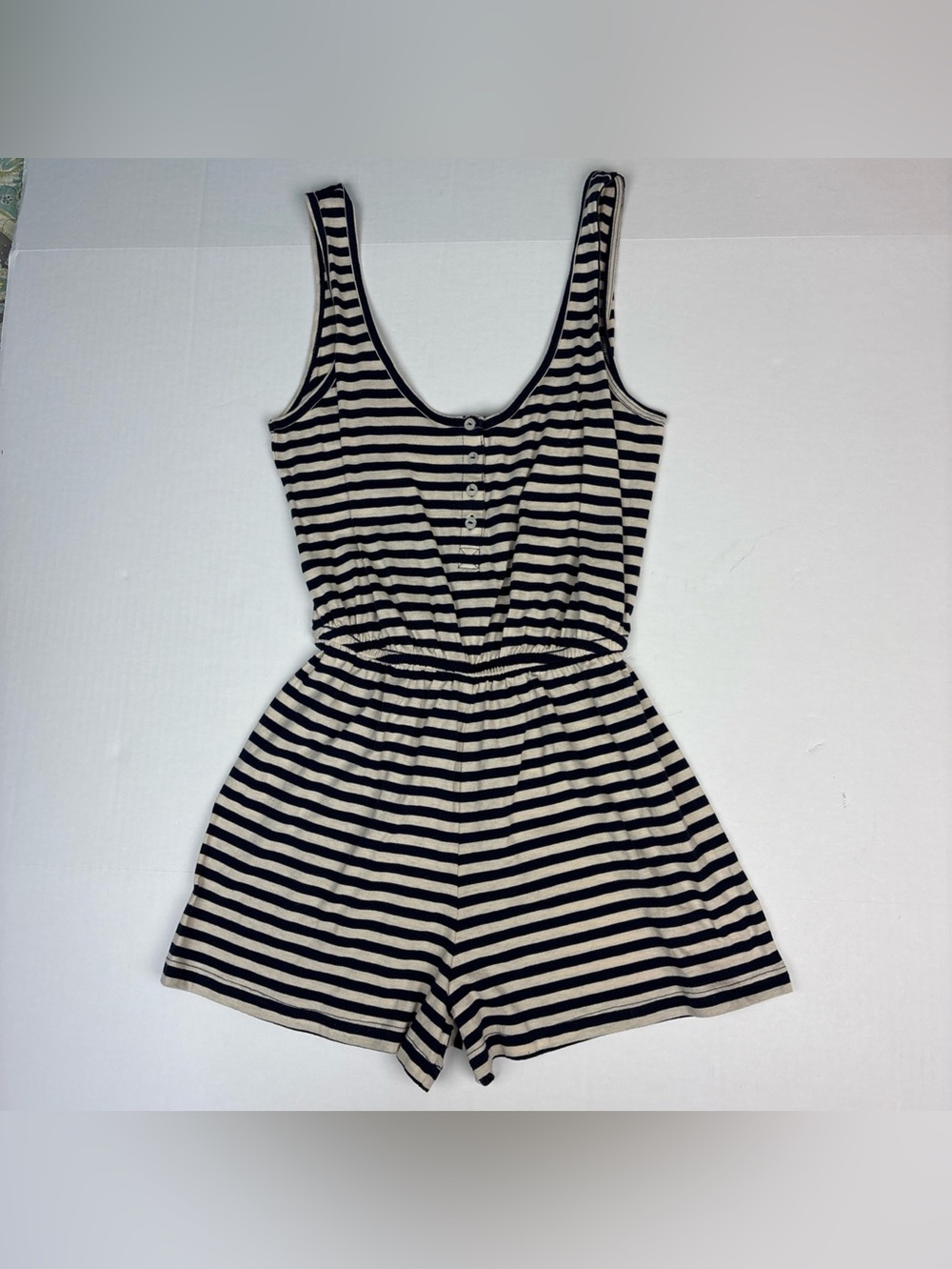 American Apparel Women Small Romper Shorts Navy Blue Cream Striped Sleeveless